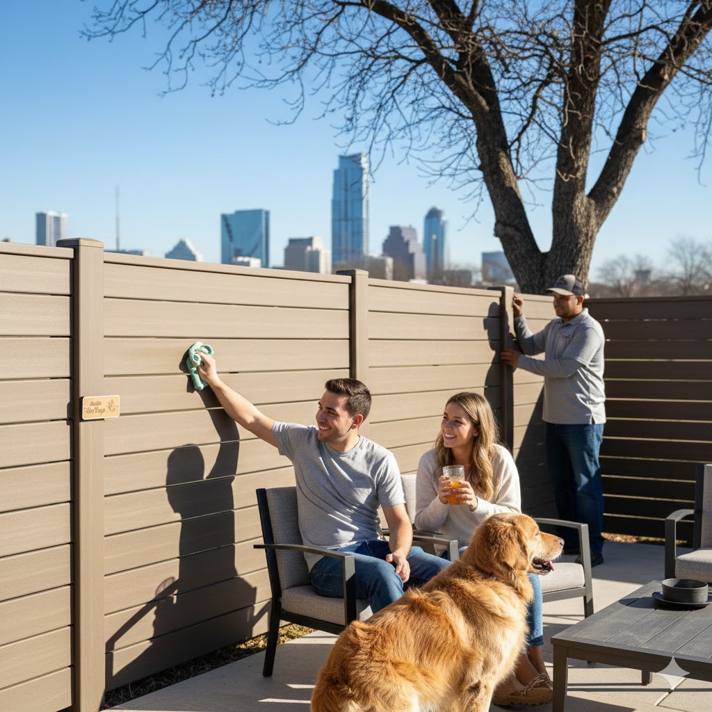 Composite fence installation in Austin, Texas showing low maintenance benefits